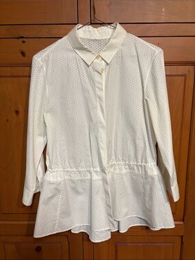 Women's AKRIS White Eyelet Button-Down Peplum Shirt